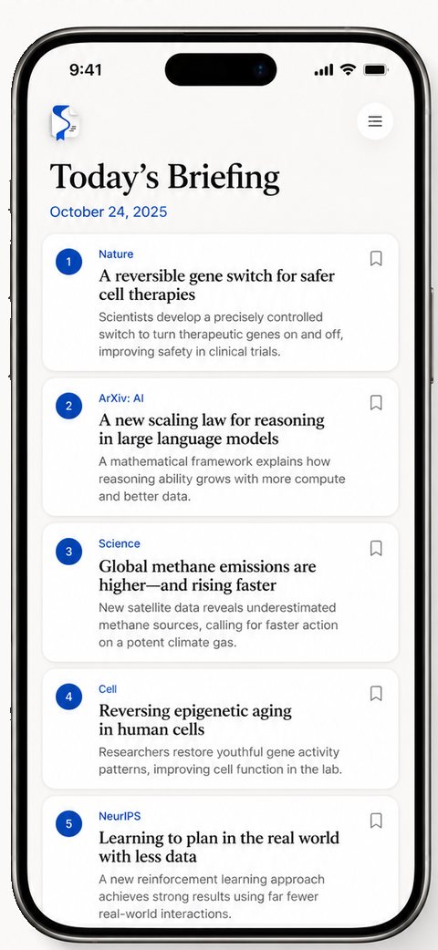 ScholarDaily app showing today's briefing with five curated papers